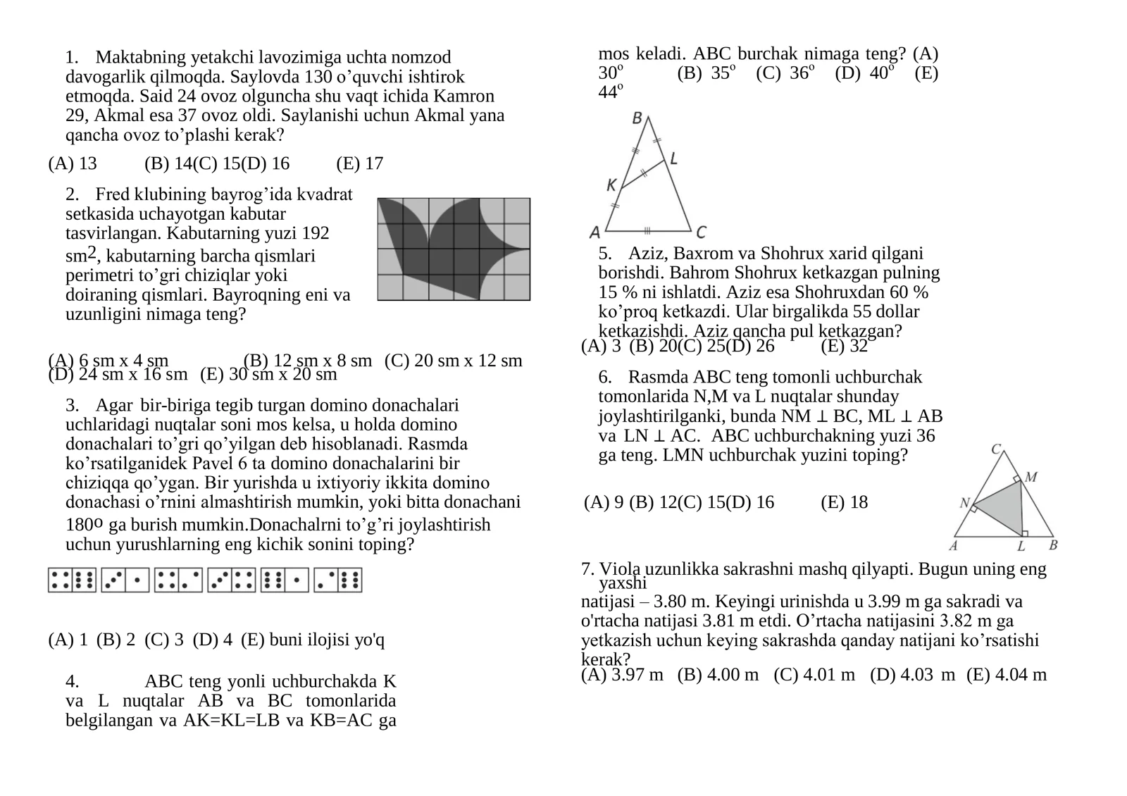 Kangaroo halqaro olimpiadasi uchun tayyorgarlik testlari 7-8 sinflar uchun (Matematika)