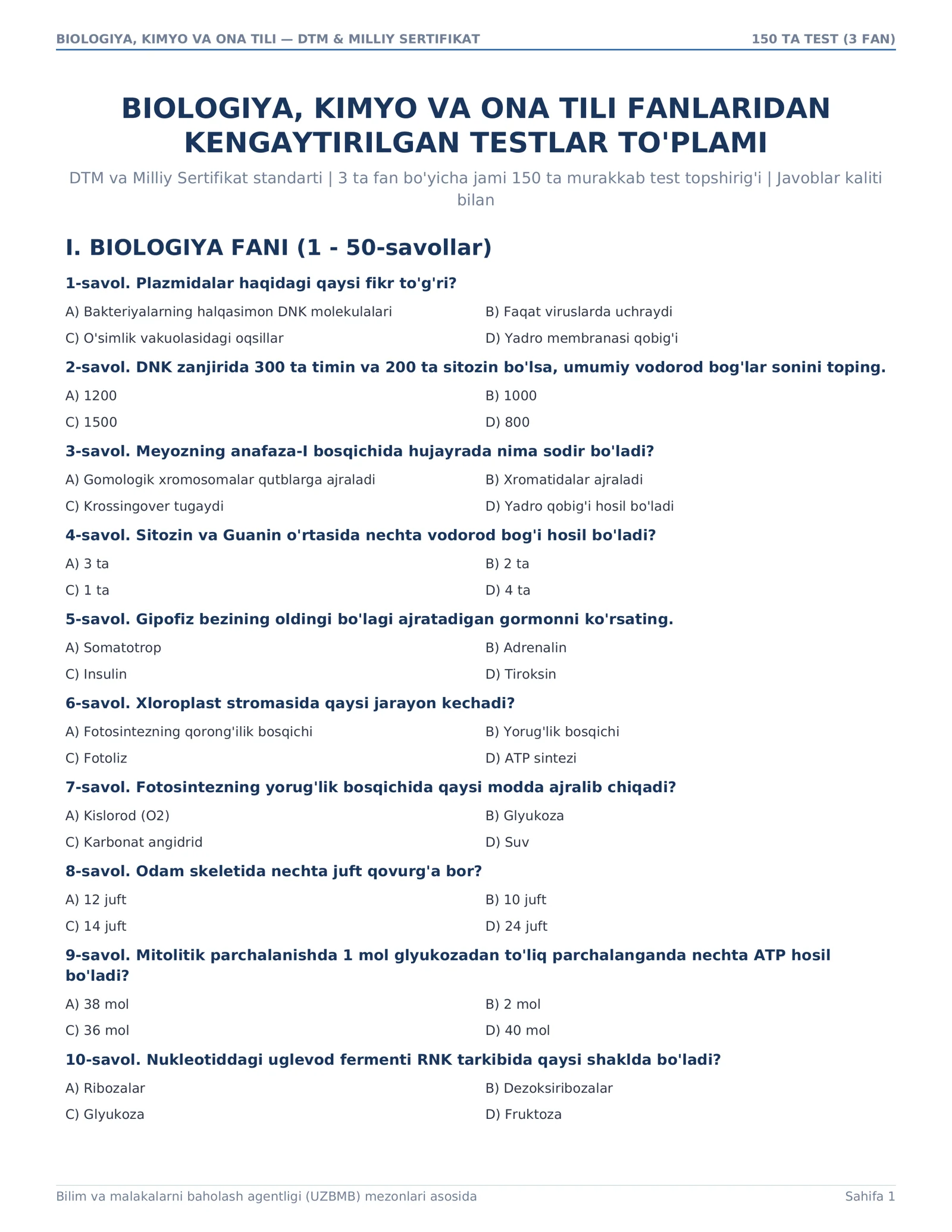 BIOLOGIYA, KIMYO VA ONA TILI — DTM & MILLIY SERTIFIKAT