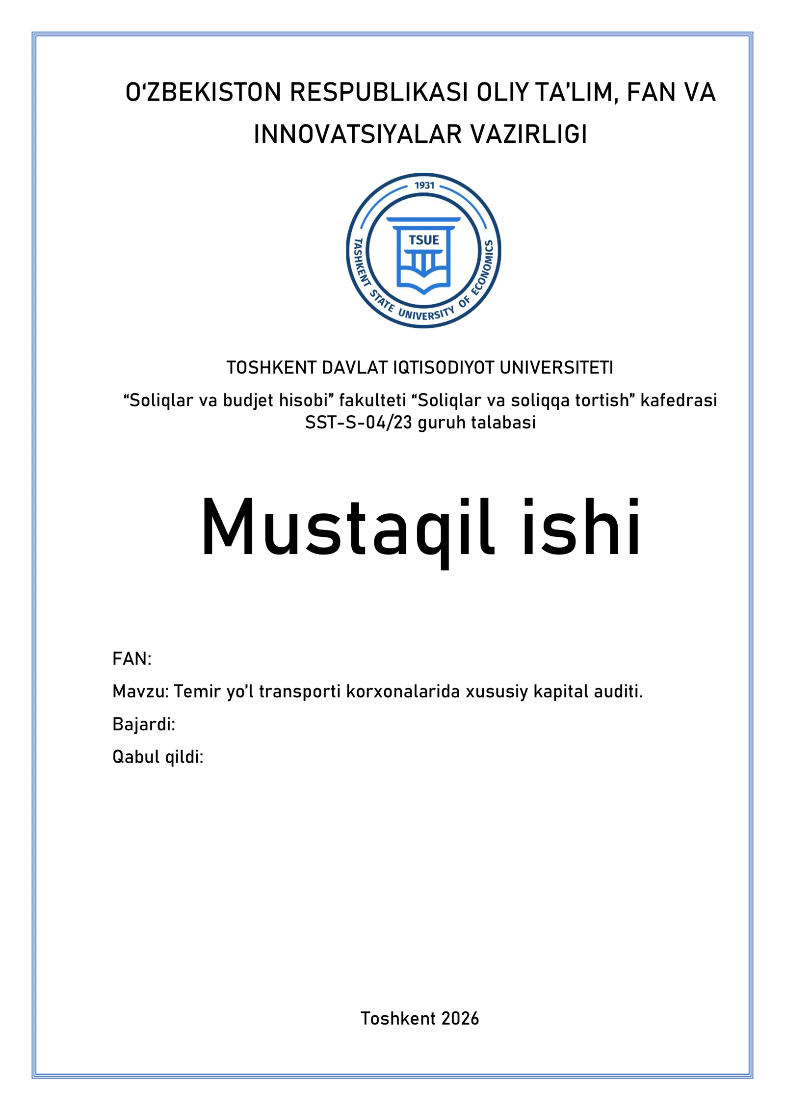 Temir yo’l transporti korxonalarida xususiy kapital auditi
