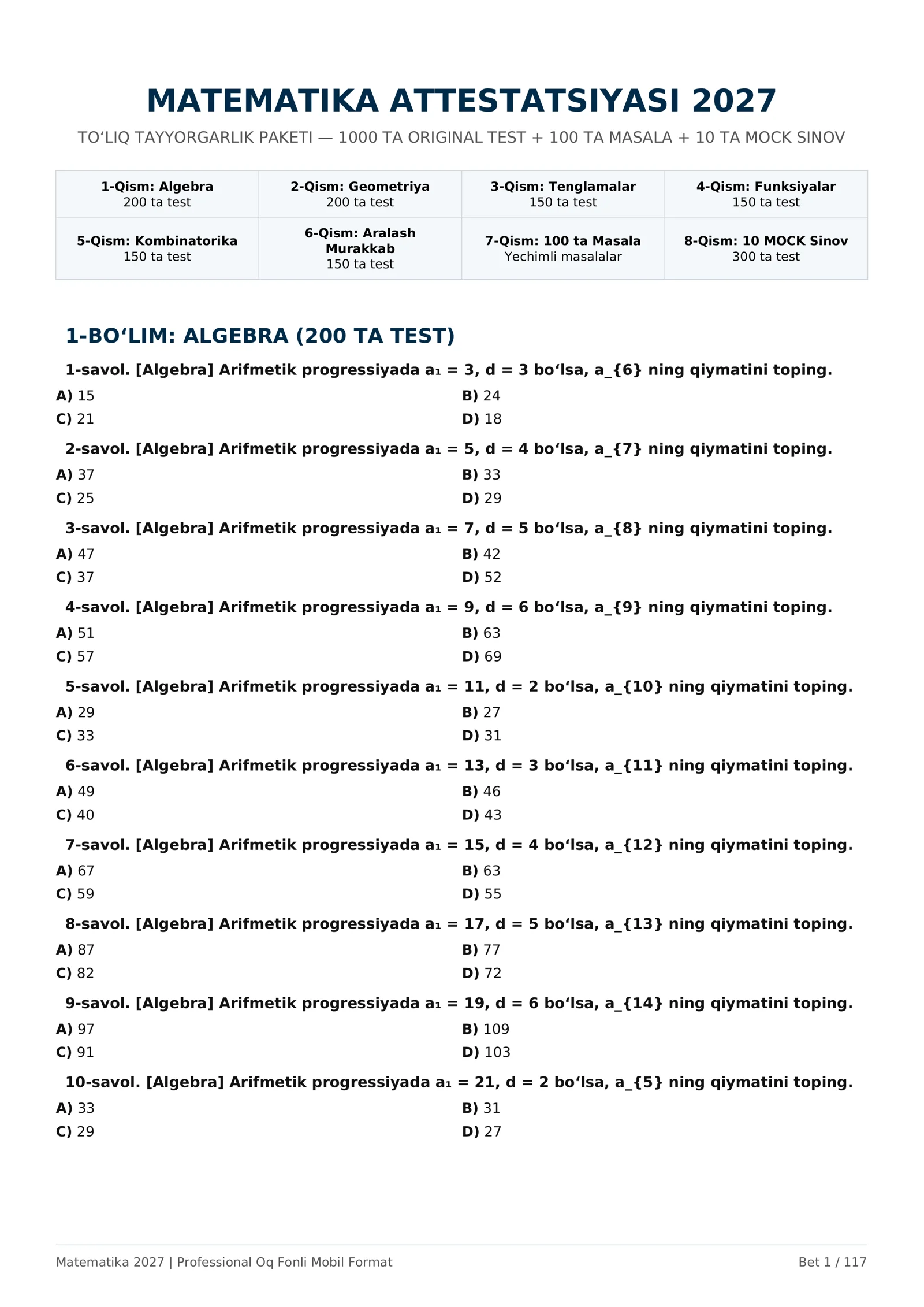 MATEMATIKA ATTESTATSIYASI 2027 — 1000 TA TEST + 10 MOCK + 100 MASALA