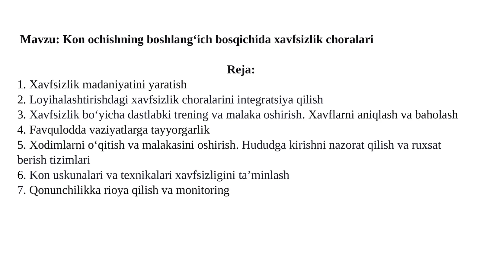 Kon ochishning boshlangʻich bosqichida xavfsizlik choralari
