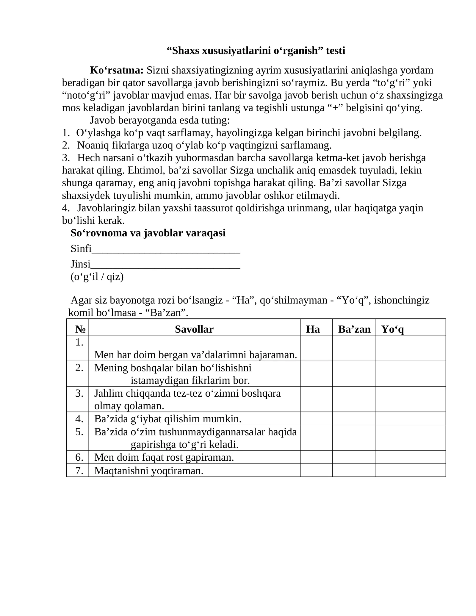 Shaxs xususiyatlarini o'rganish testi