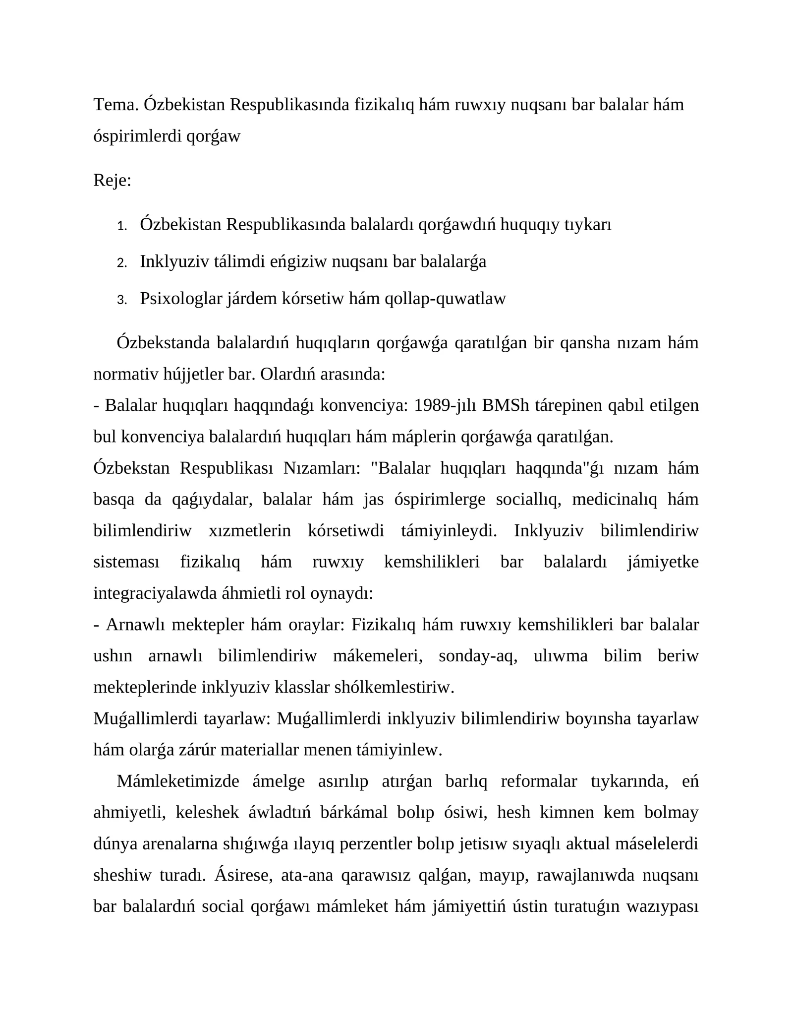 Ózbekistan Respublikasında fizikalıq hám ruwxıy nuqsanı bar balalar hám óspirimlerdi qorǵaw