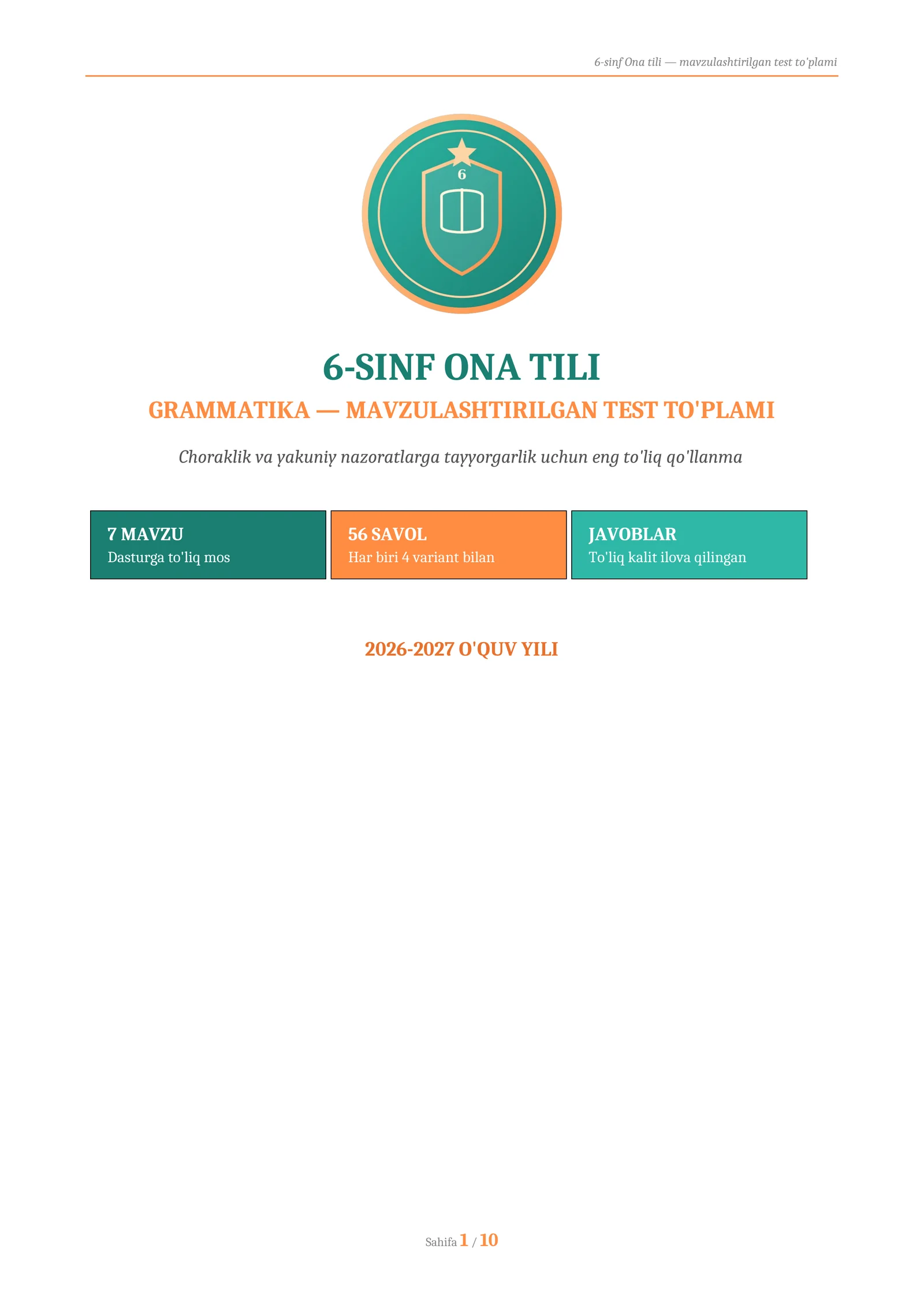 6-SINF ONA TILI — GRAMMATIKA MAVZULASHTIRILGAN TEST TO'PLAMI 2026 (56 savol, javoblari bilan)