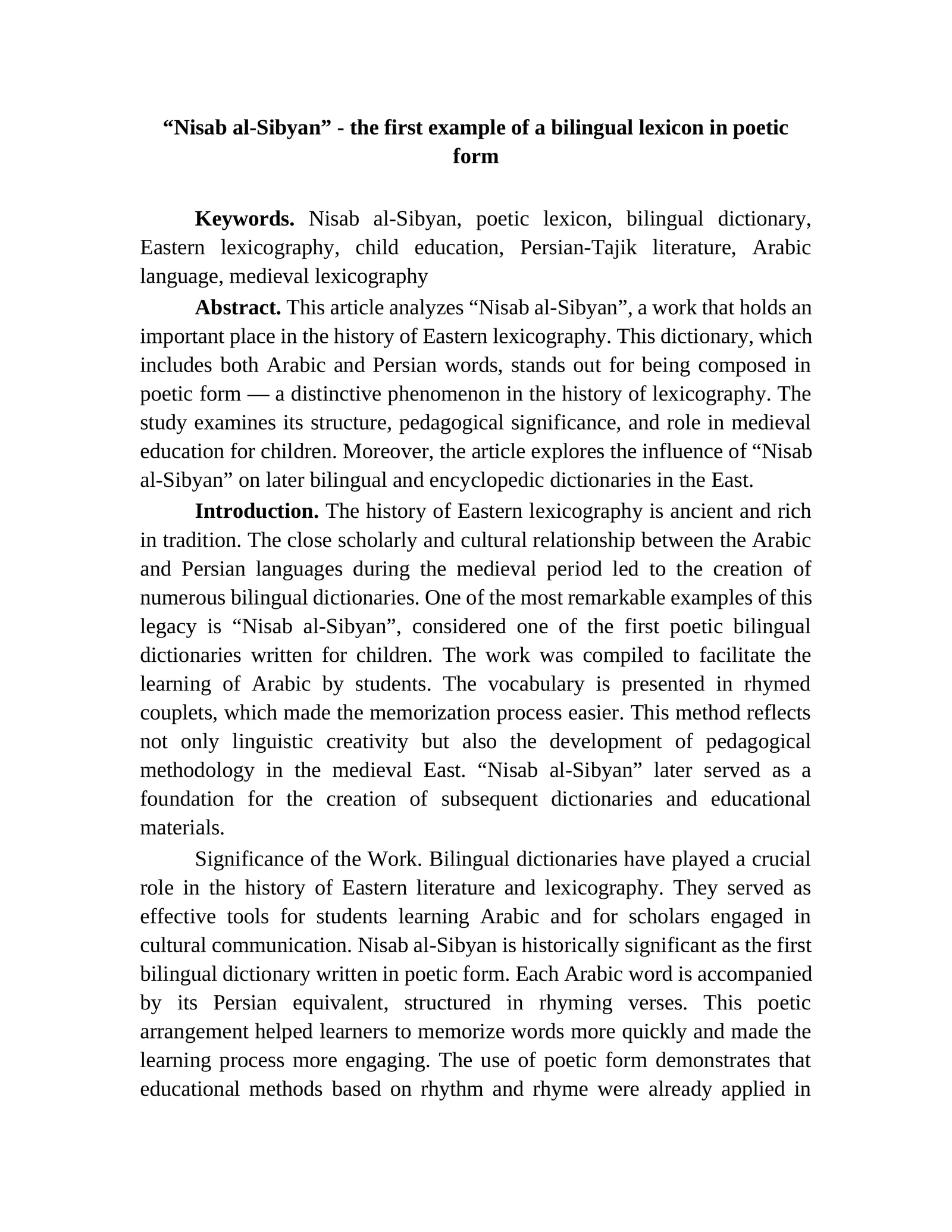 MAQOLA “Nisab al-Sibyan” - the first example of a bilingual lexicon in poetic form