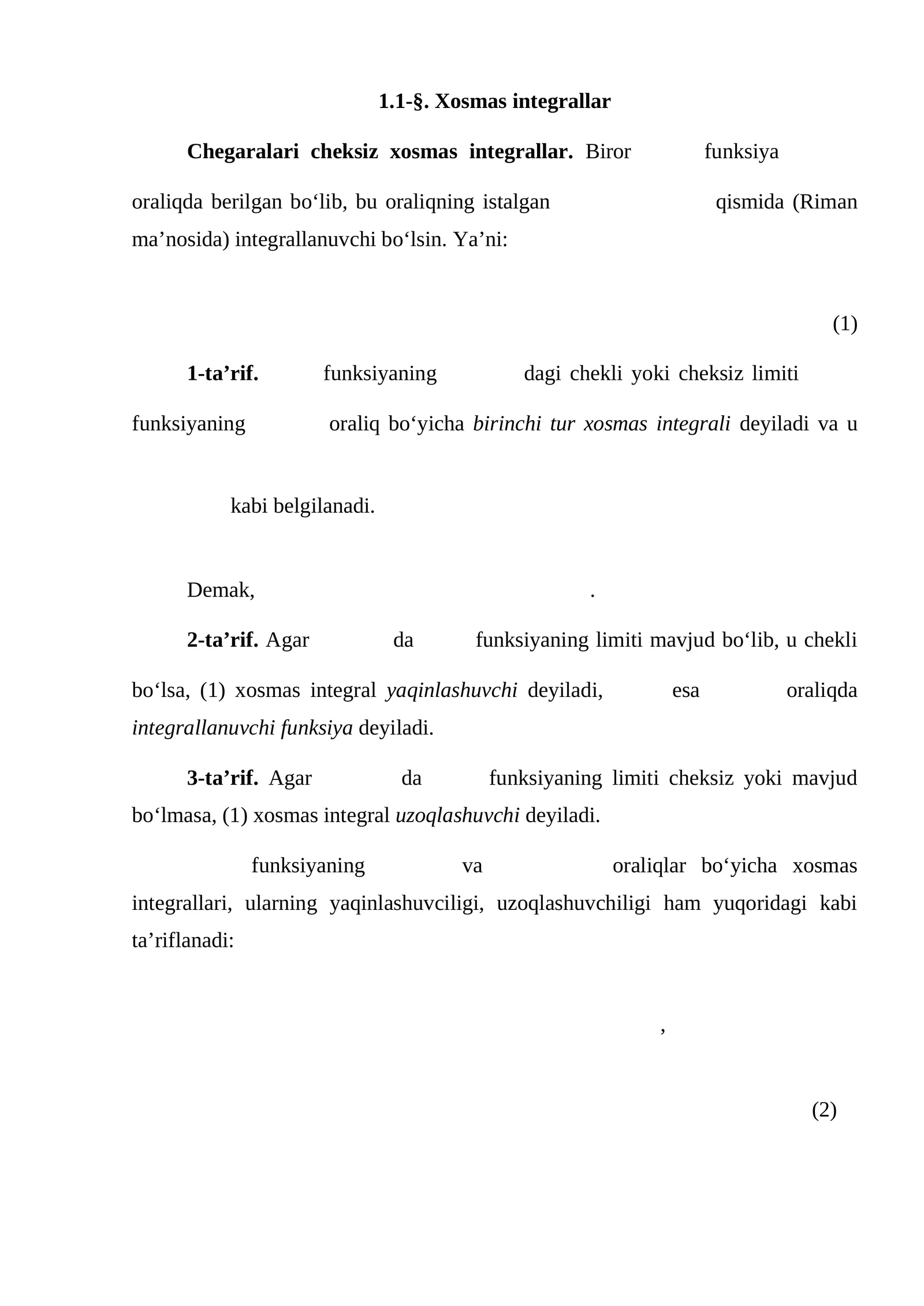 xosmas integrallar haqida to'liq ma;lumot