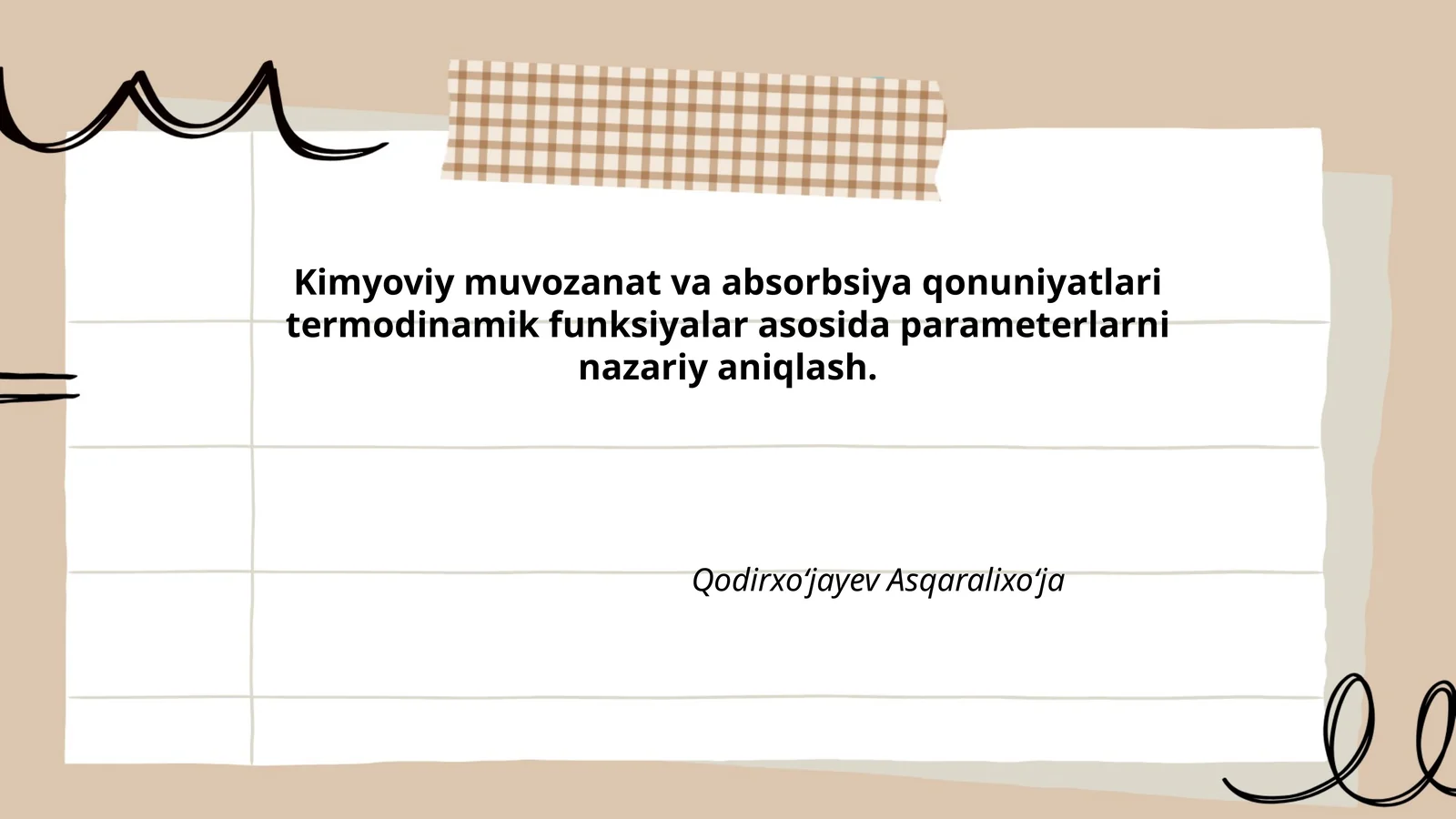 Kimyoviy muvozanat va absorbsiya qonuniyatlari termodinamik funksiyalar asosida parameterlarni nazariy aniqlash