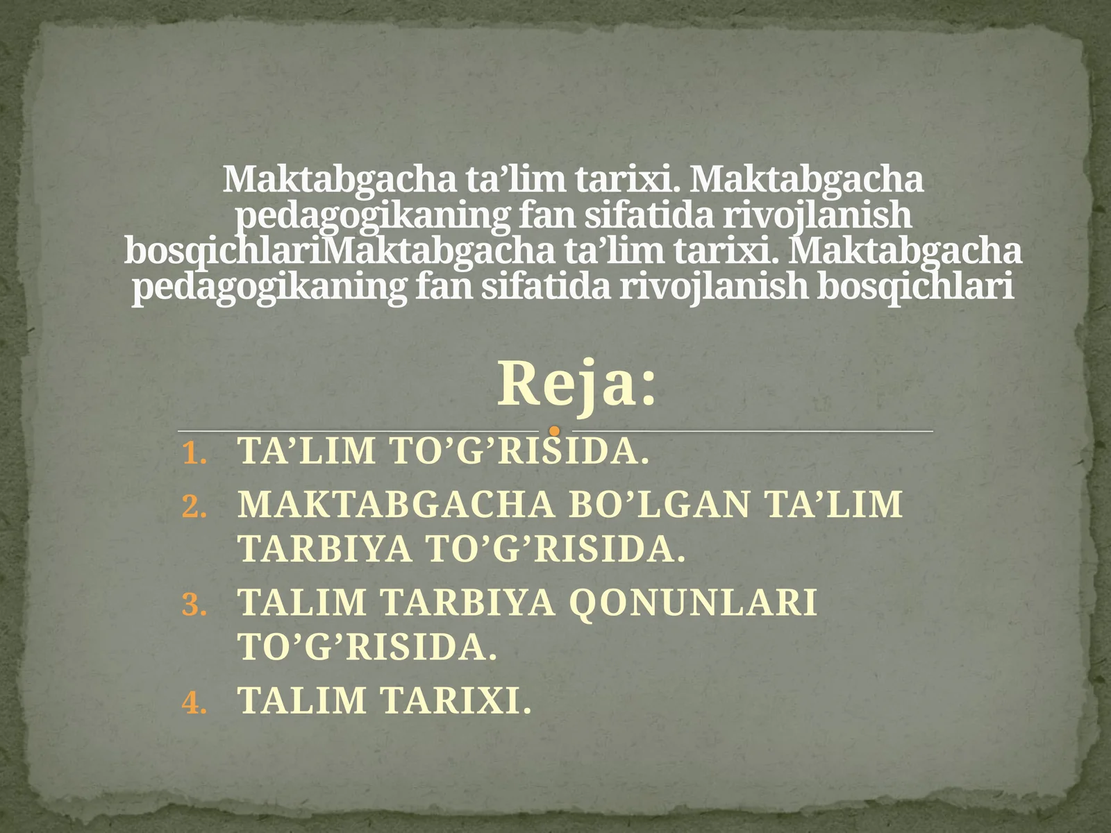 Maktabgacha ta’lim tarixi. Maktabgacha pedagogikaning fan sifatida rivojlanish bosqichlariMaktabgacha ta’lim tarixi. Maktabgacha pedagogikaning fan sifatida rivojlanish bosqichlari