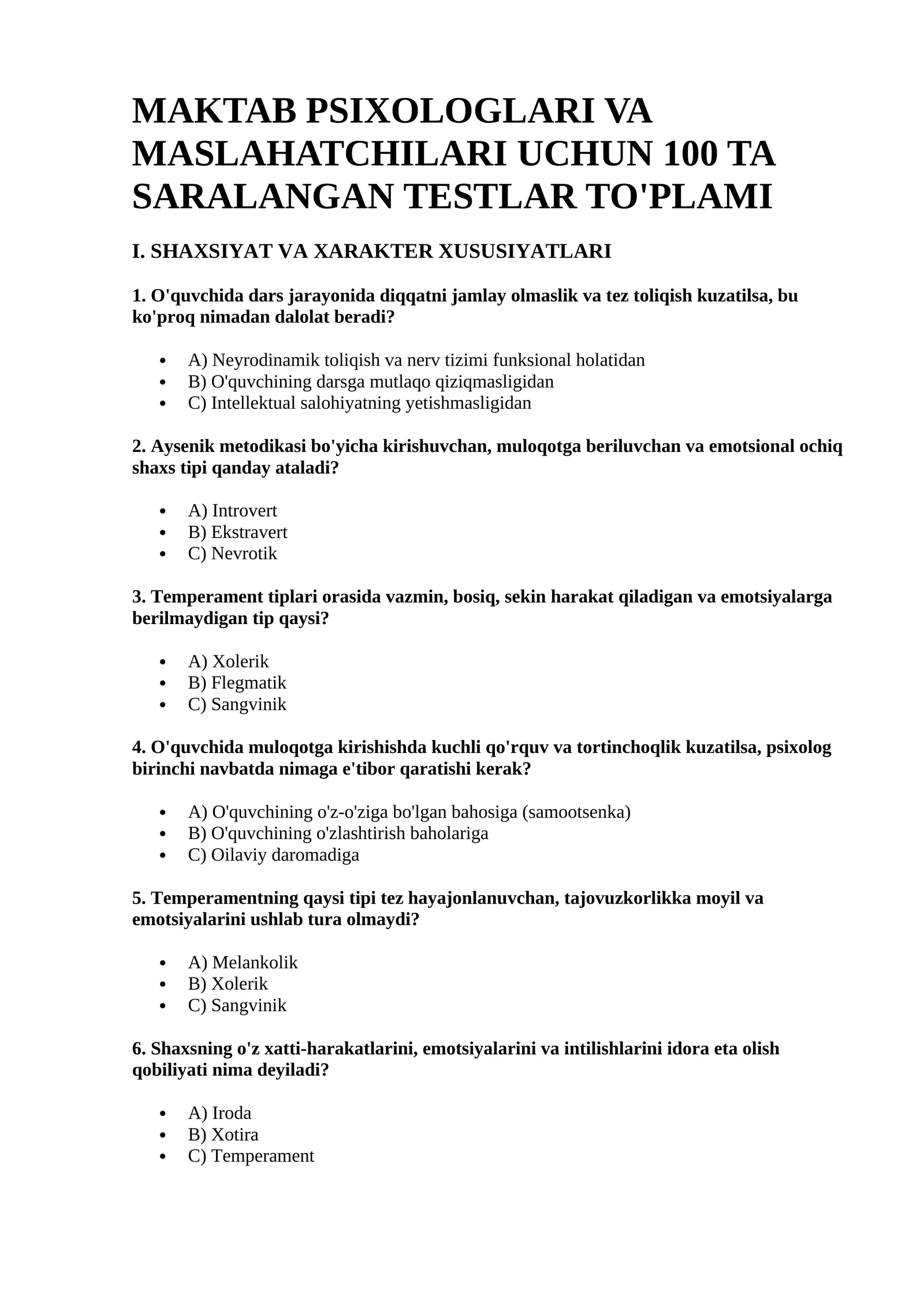 Maktab psixologi va maslahatchilari uchun 100 ta saralangan testlar to'plami (A, B, C variantlari va kalitlari bilan)