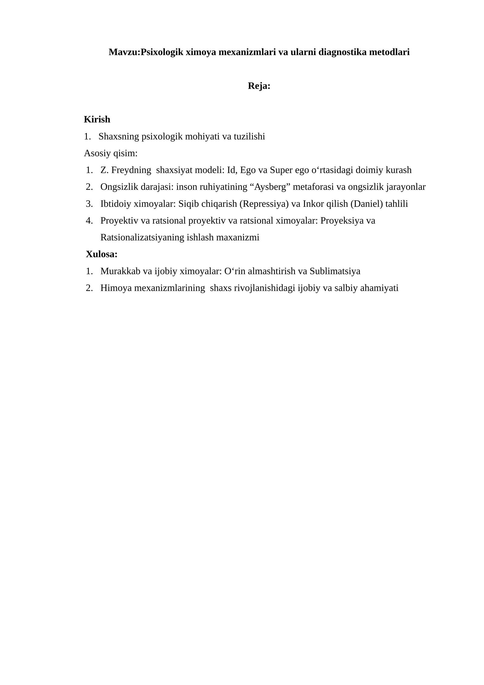 Psixologik ximoya mexanizmlari va ularni diagnostika metodlari