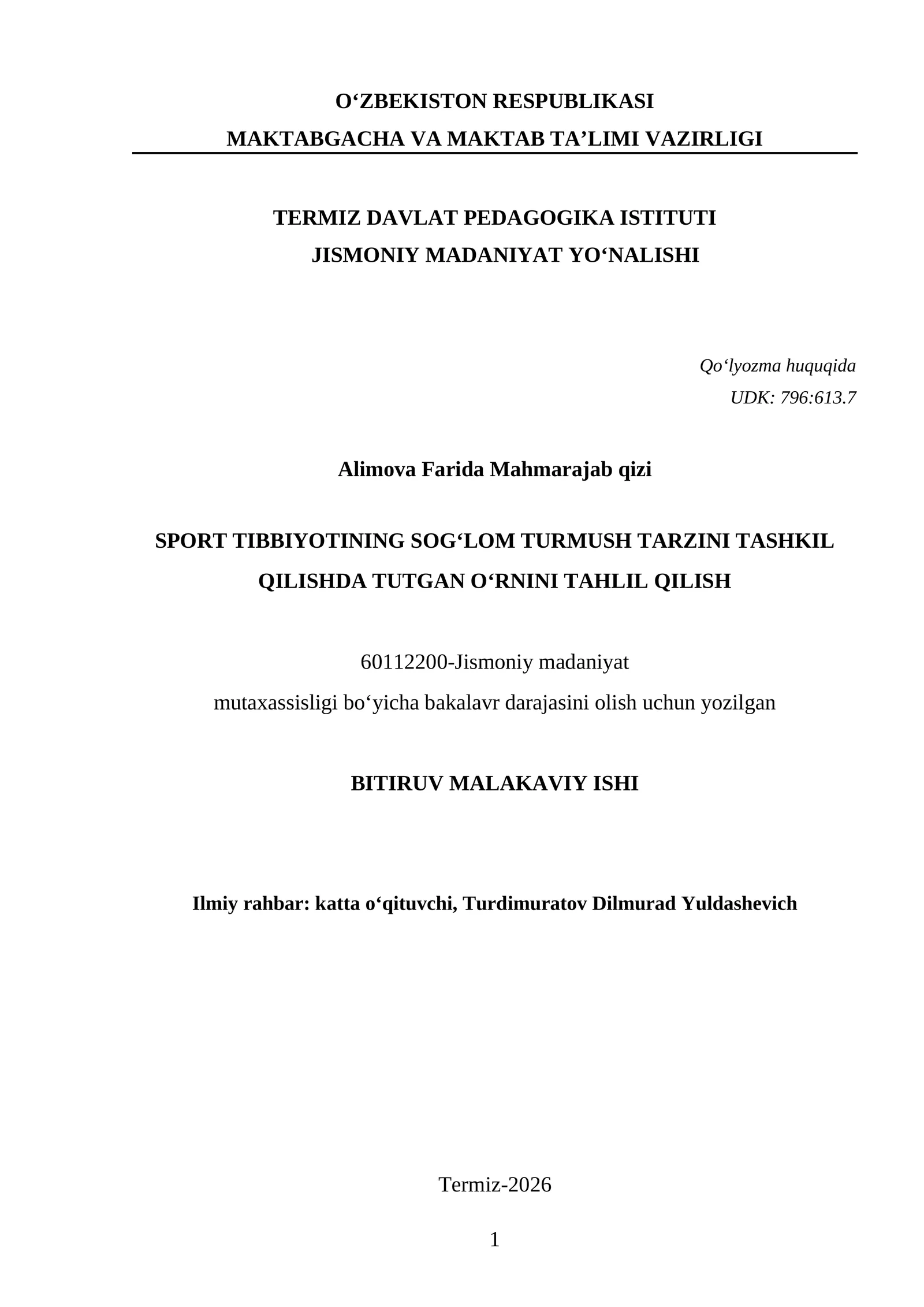 SPORT TIBBIYOTINING SOG‘LOM TURMUSH TARZINI TASHKIL QILISHDA TUTGAN O‘RNINI TAHLIL QILISH