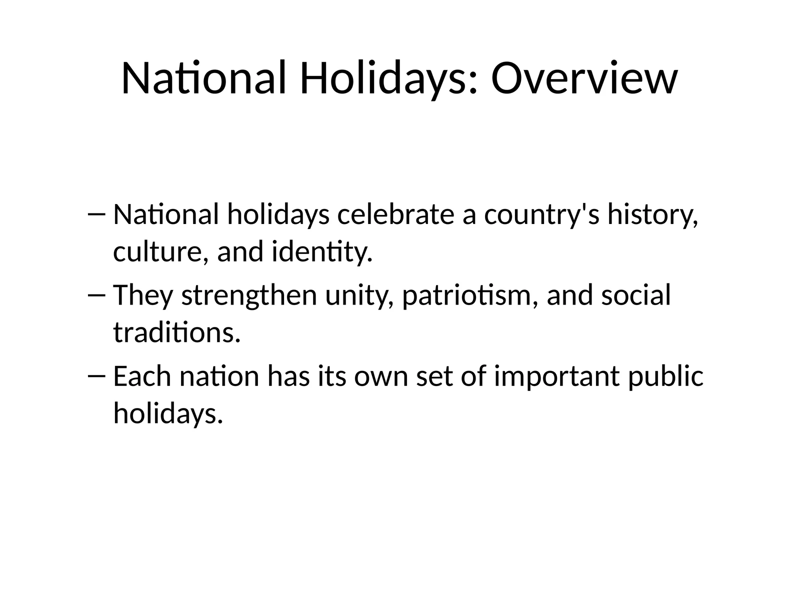 National Holidays: Overview