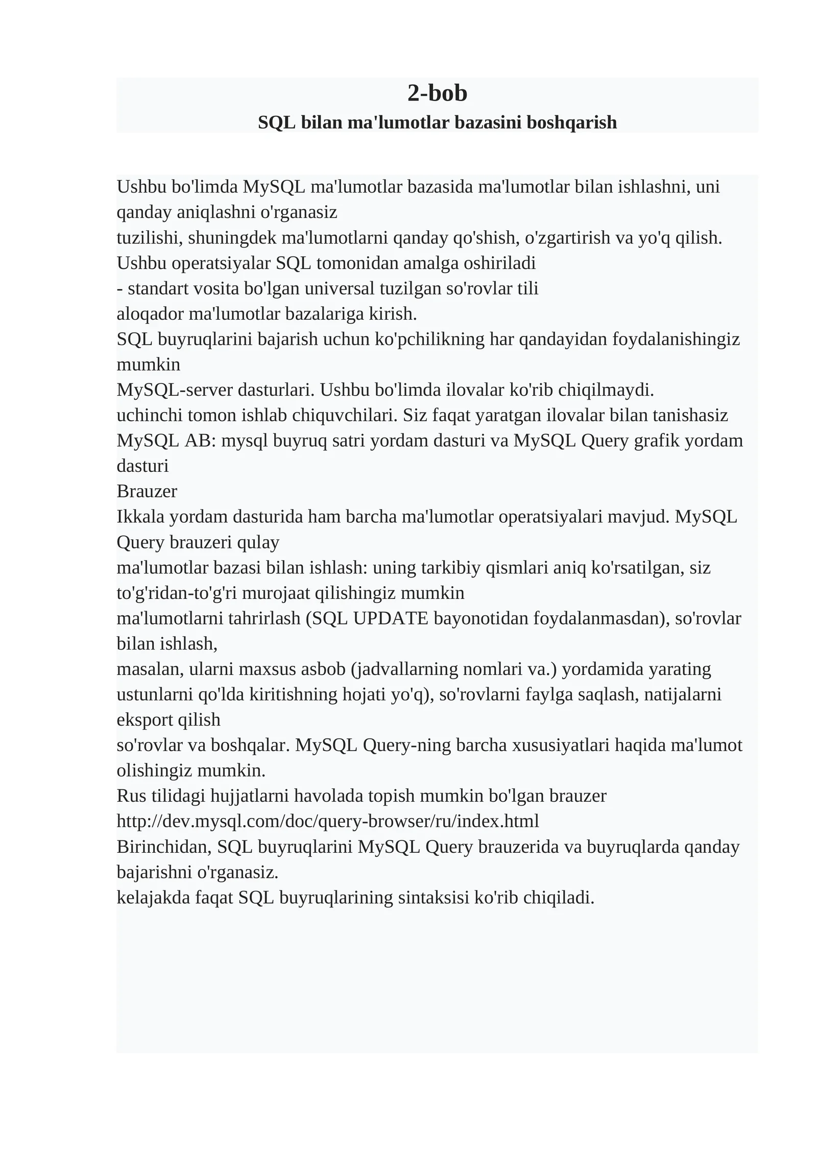 SQL bilan ma'lumotlar bazasini boshqarish