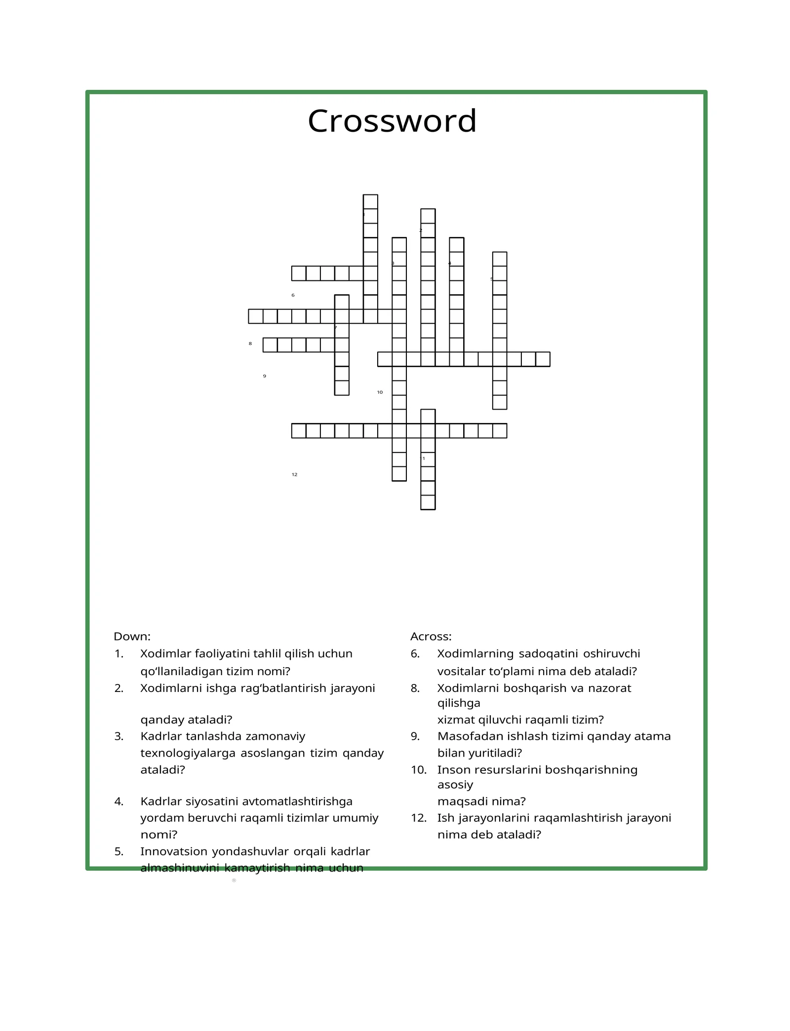 Crossword inson resurslarini boshqarish fanidan