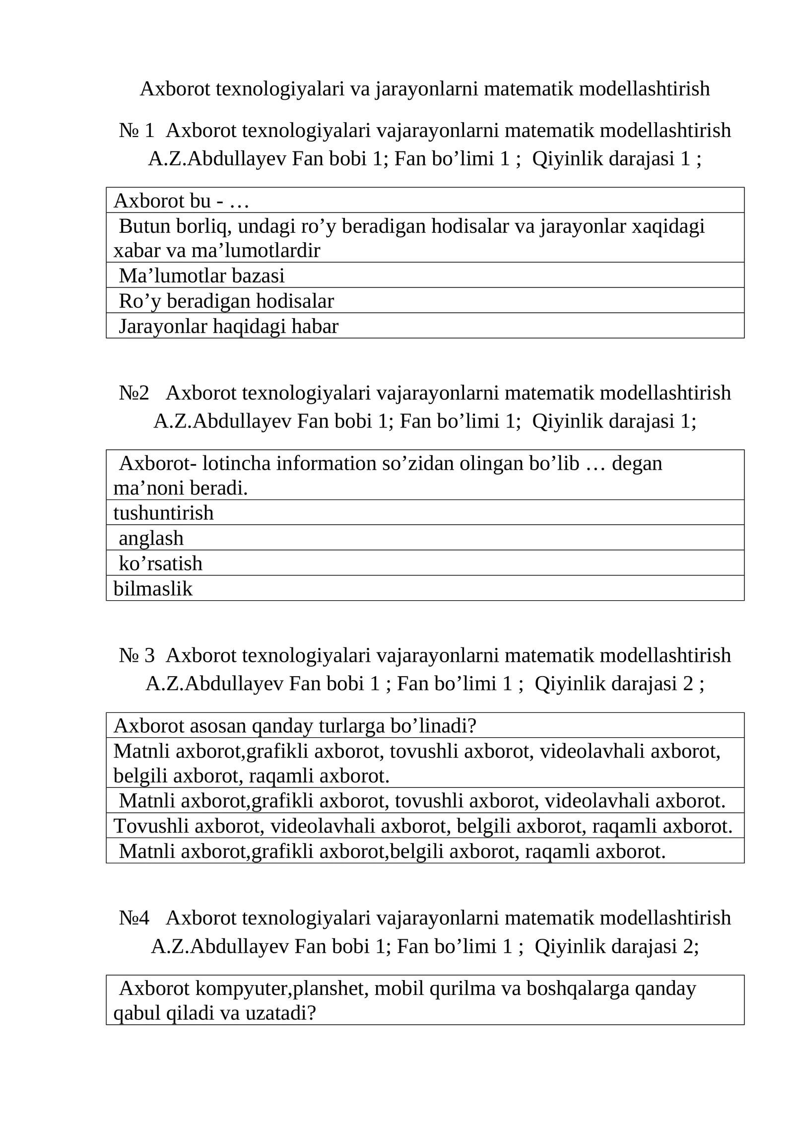 Axborot texnologiyalari va jarayonlarni matematik modellashtirish