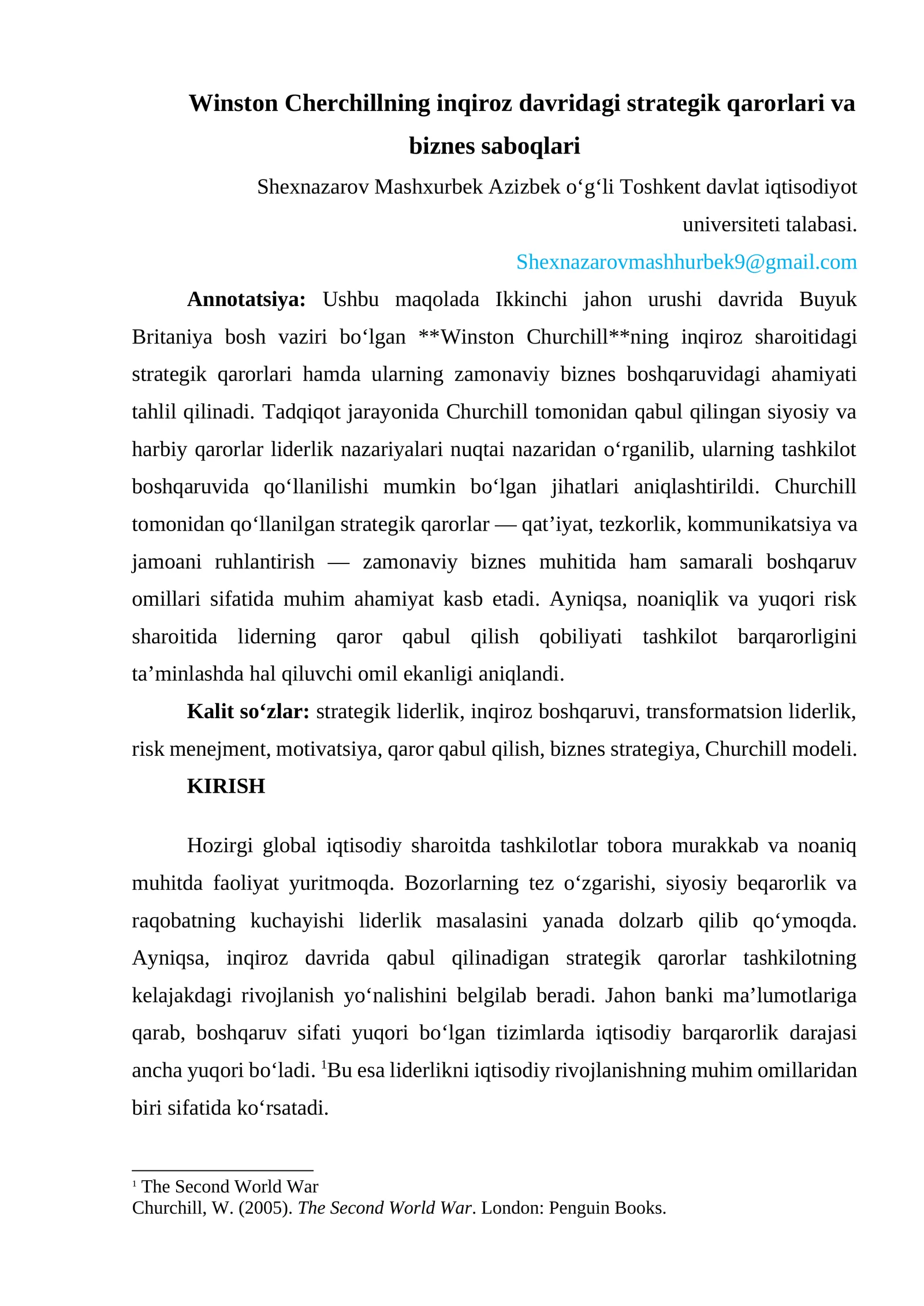 Winston Cherchillning inqiroz davridagi strategik qarorlari va biznes saboqlari