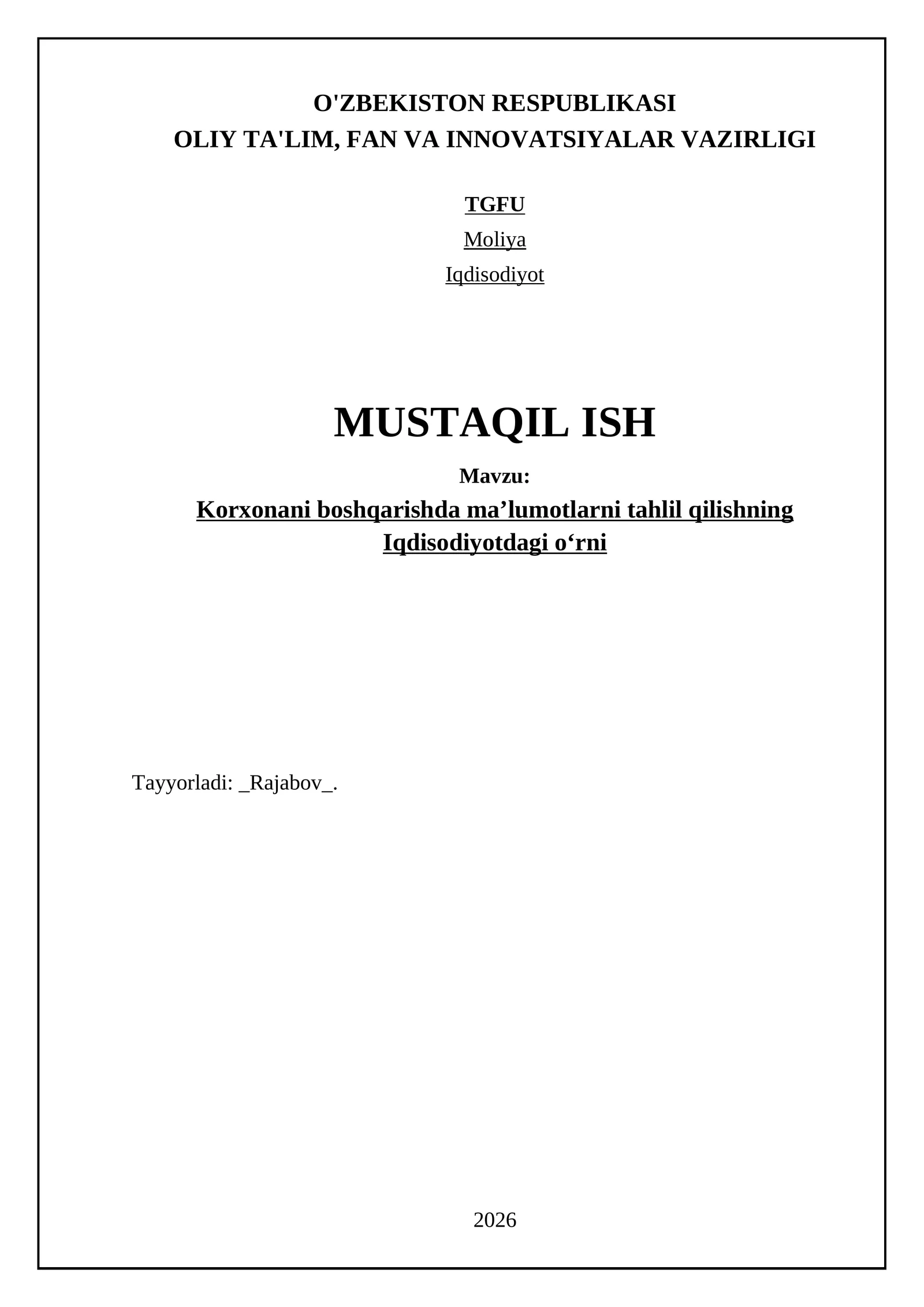 Korxonani boshqarishda maʼlumotlarni tahlil qilishning Iqdisodiyotdagi oʻrni