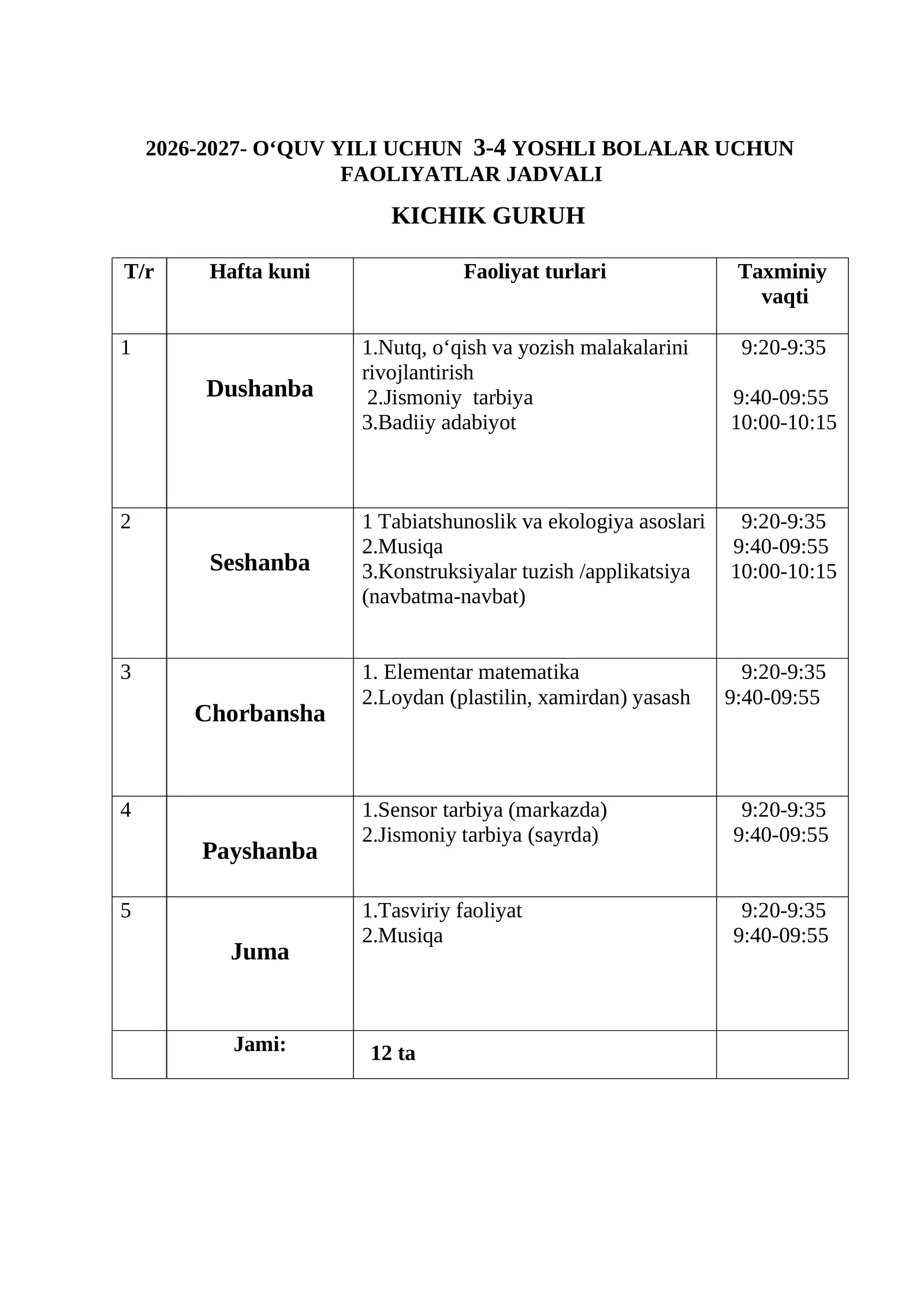 3-4 YOSHLI BOLALAR UCHUN FAOLIYATLAR JADVALI 2026-2027 O‘QUV YILI UCHUN