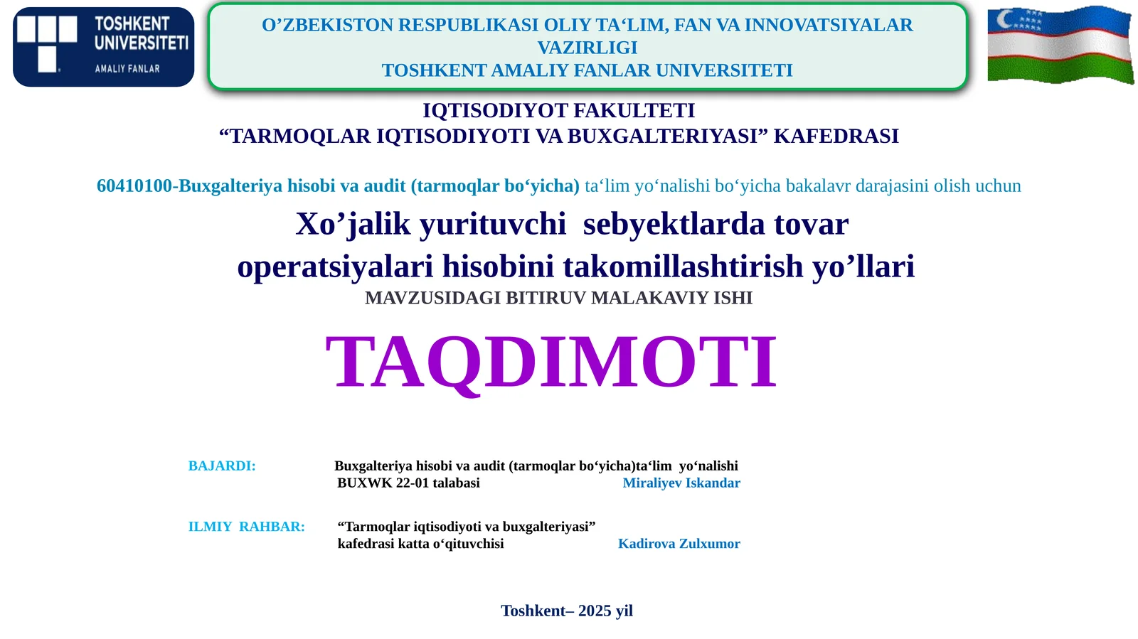 Xo’jalik yurituvchi  sebyektlarda tovar  operatsiyalari hisobini takomillashtirish yo’llari