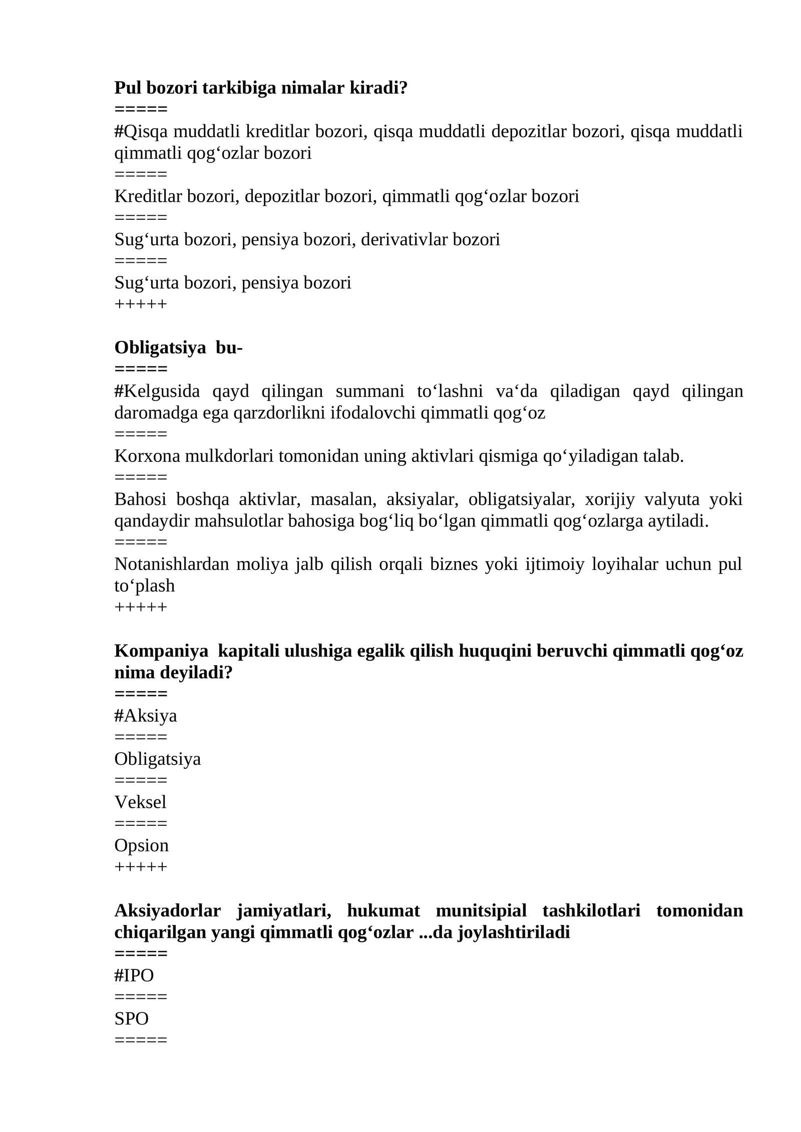 Moliya asoslari test