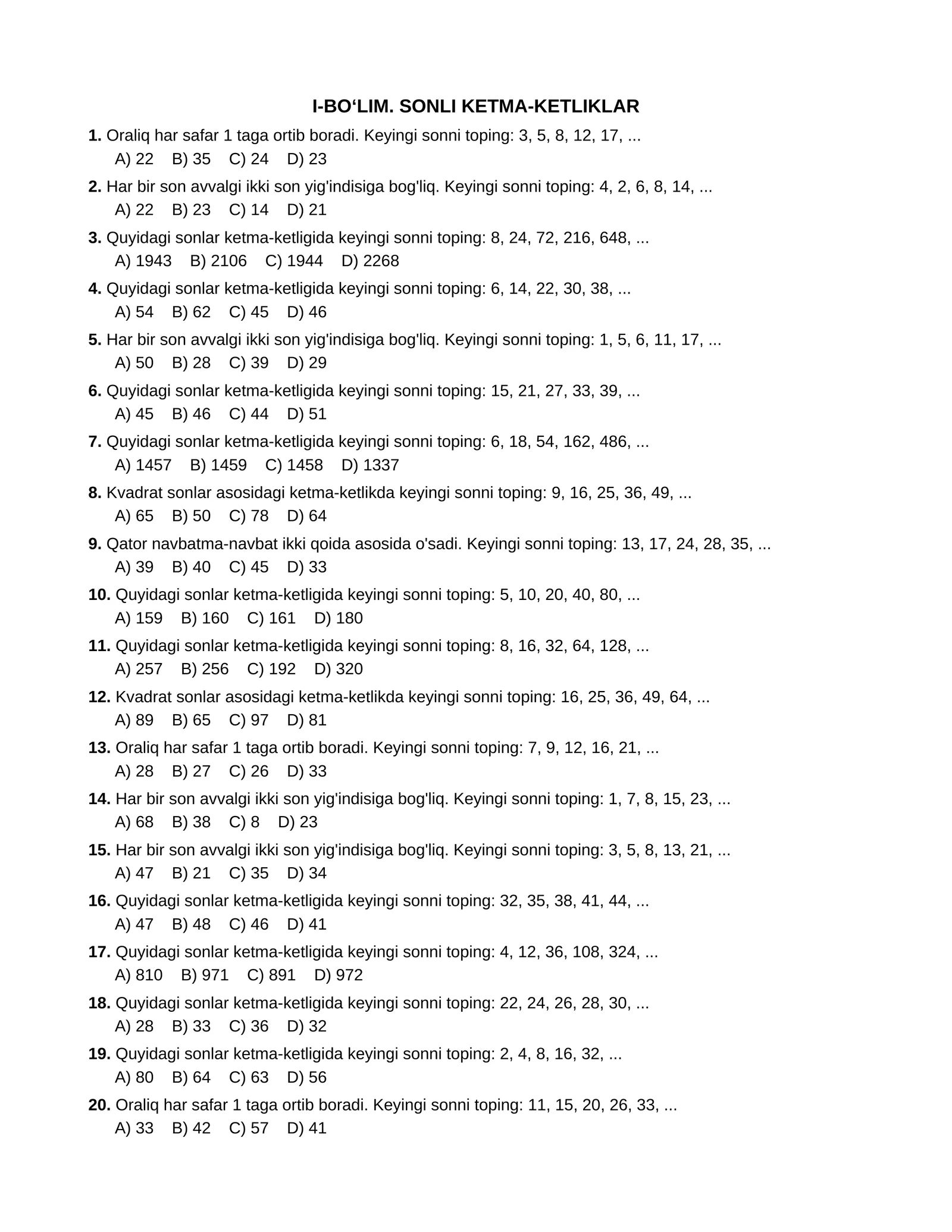 I-BO‘LIM. SONLI KETMA-KETLIKLAR