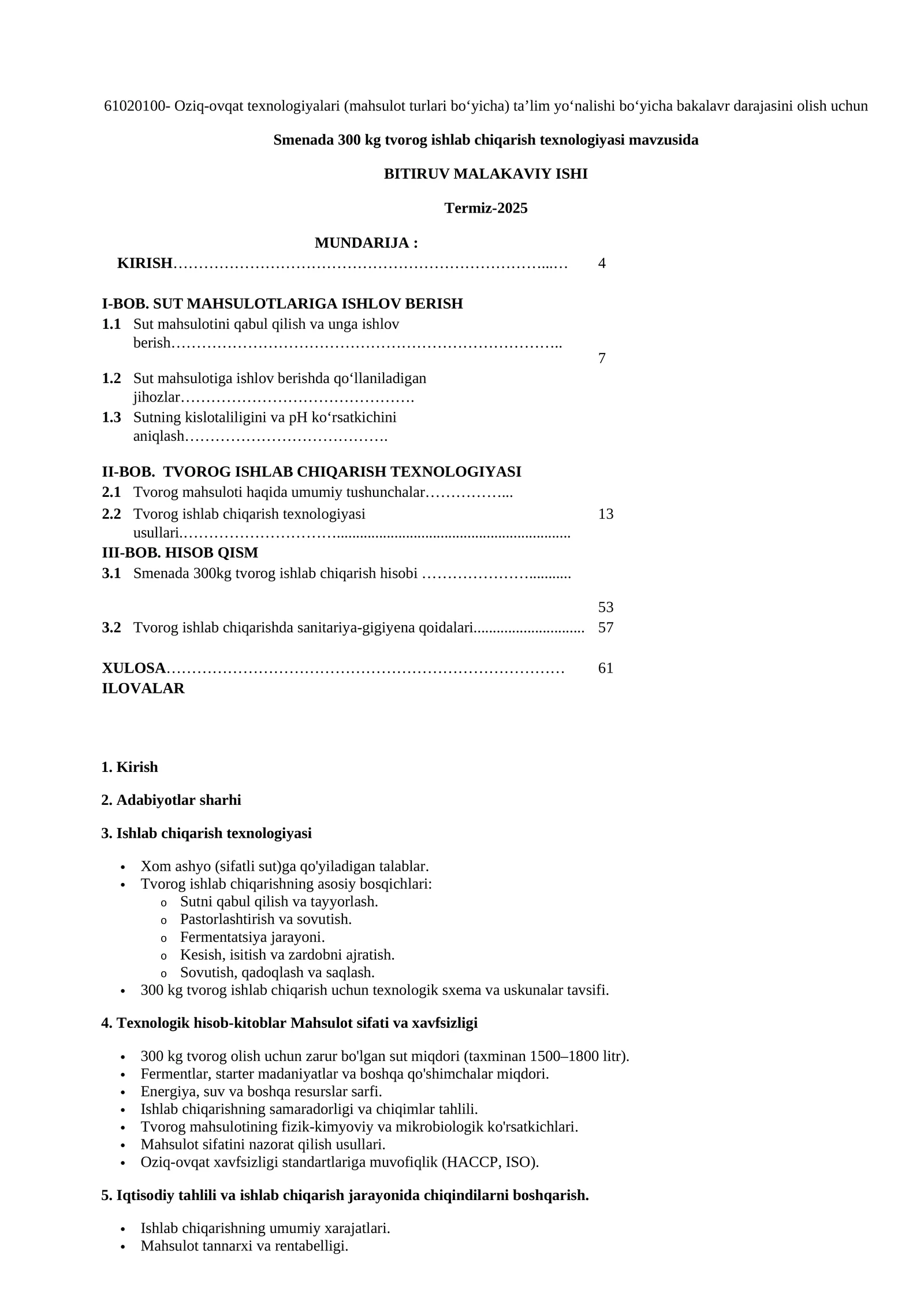 Oziq-ovqat texnologiyalari (mahsulot turlari bo‘yicha) ta’lim yo‘nalishi bakalavr darajasi
