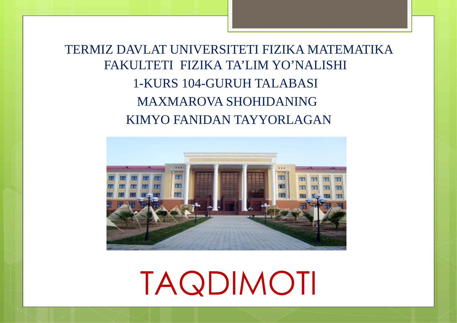 TAQDIMOT: ELEKTROLIK DISSOTSIONALISH. DISSOTSIYALANISH KONSTANTASI