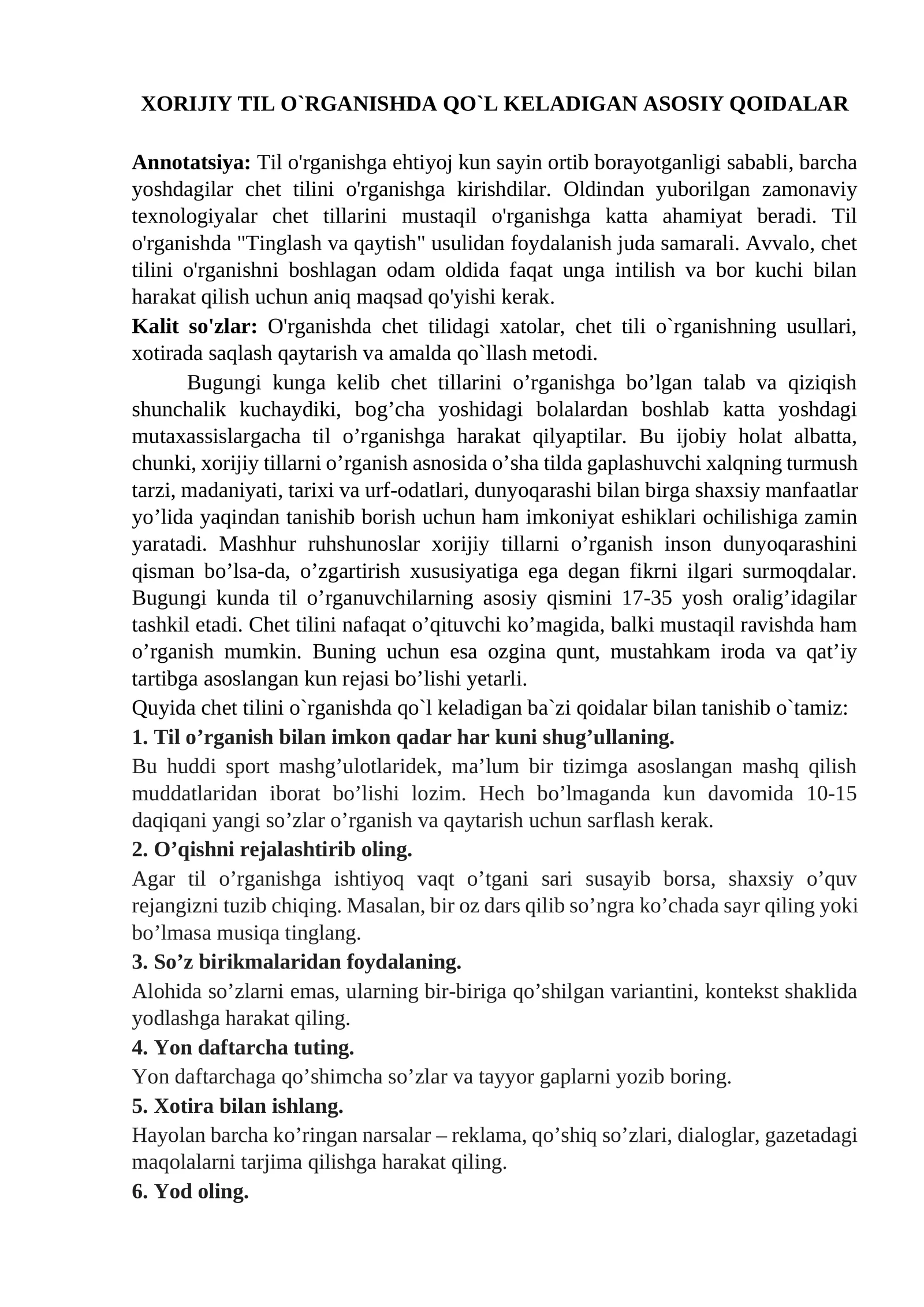 MAQOLA Xorijiy til o`rganishda qo`l keladigan qoidalar