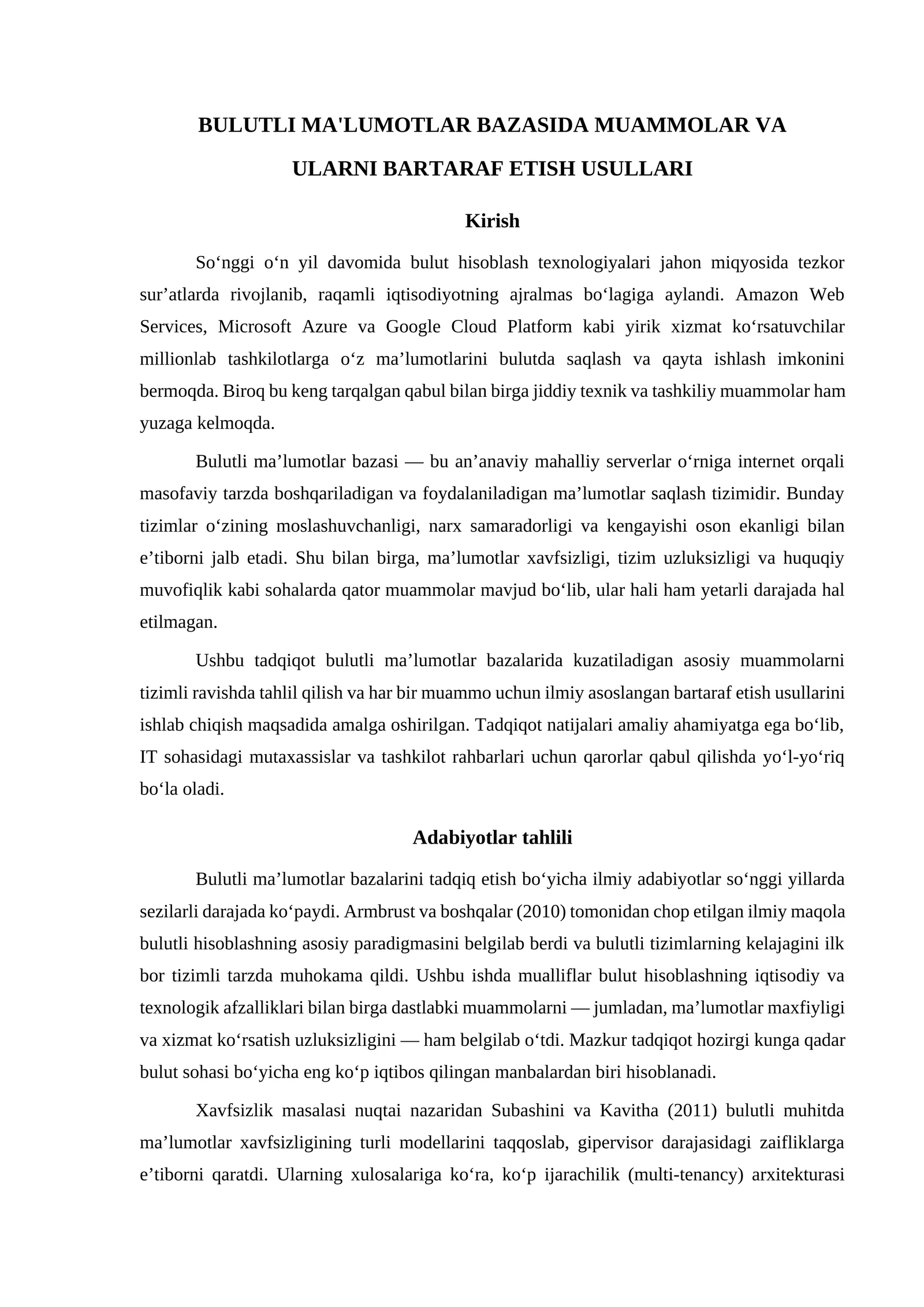 BULUTLI MA'LUMOTLAR BAZASIDA MUAMMOLAR VA ULARNI BARTARAF ETISH USULLARI