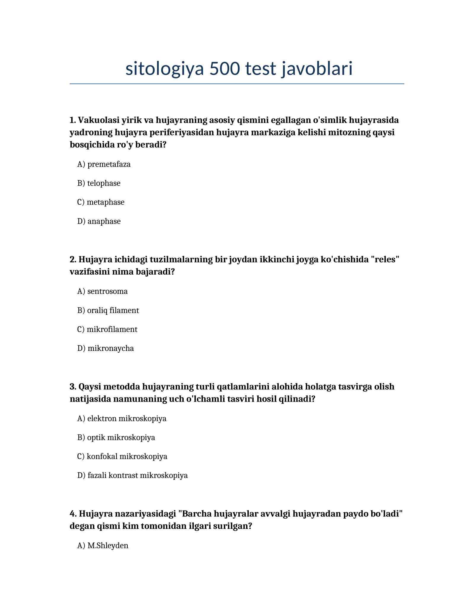 Sitologiya 500 test javoblari