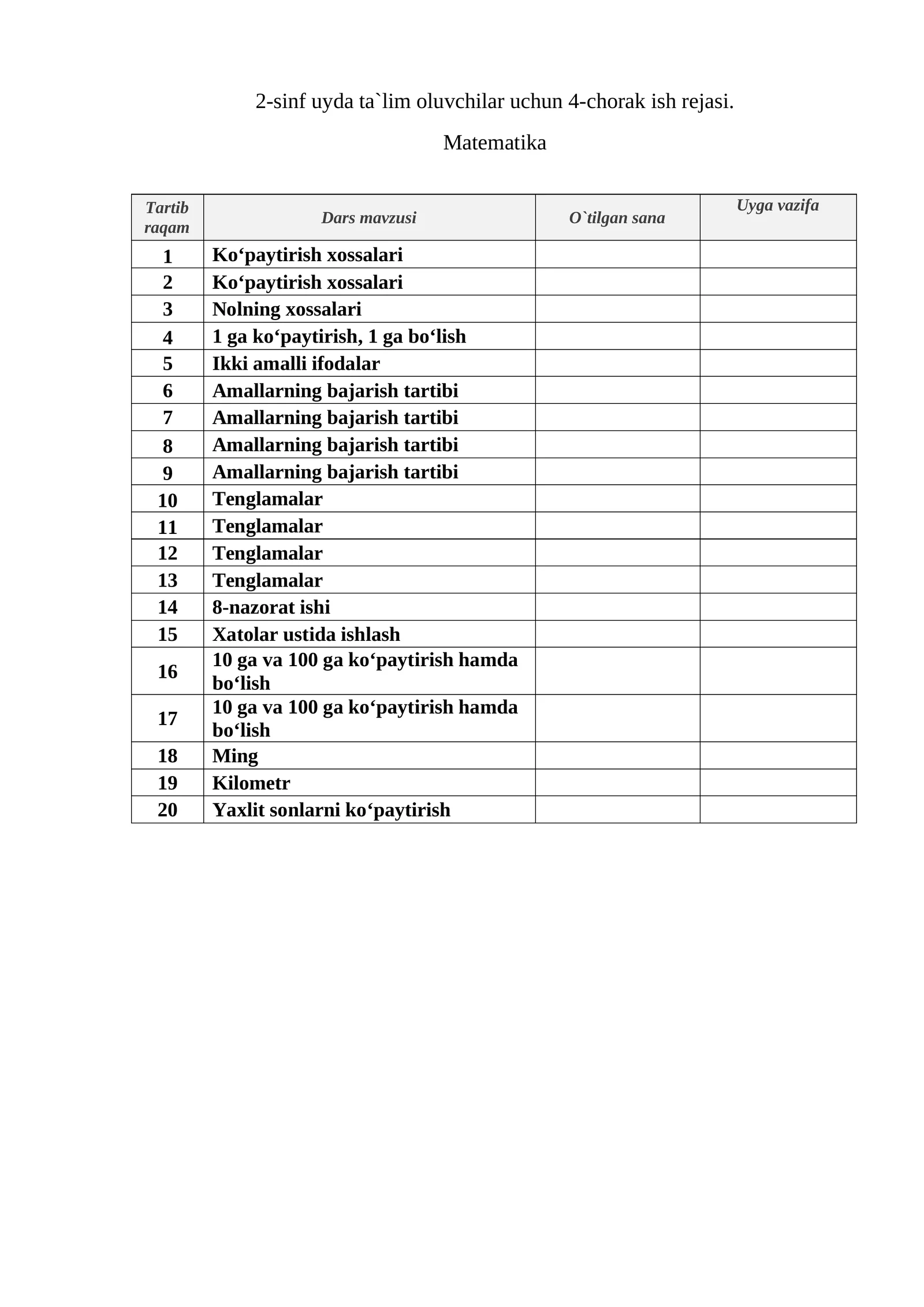 2-sinf uyda ta`lim oluvchilar uchun 4-chorak ish rejasi