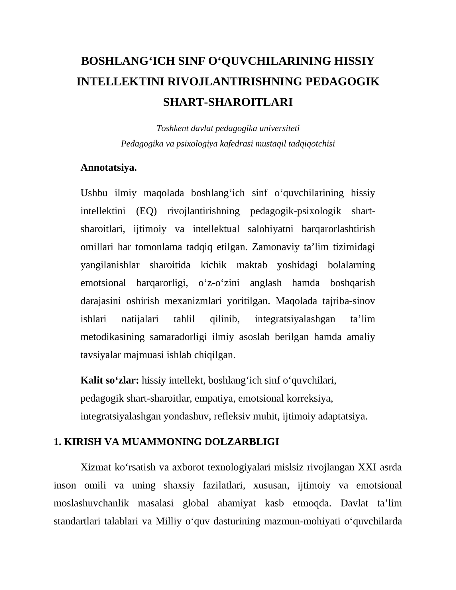 BOSHLANG‘ICH SINF O‘QUVCHILARINING HISSIY INTELLEKTINI RIVOJLANTIRISHNING PEDAGOGIK SHART-SHAROITLARI