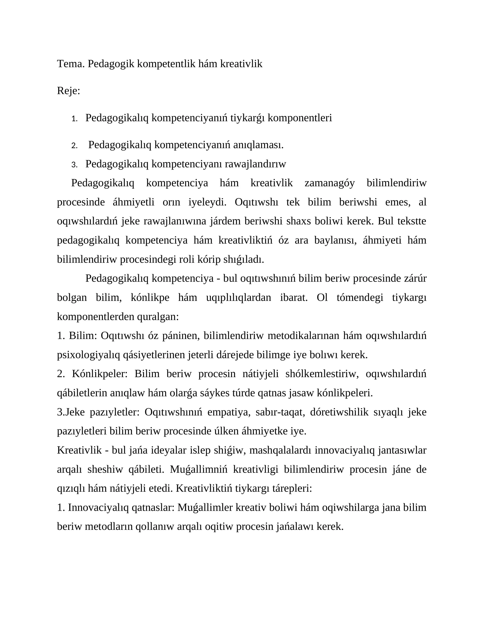 Pedagogik kompetentlik hám kreativlik